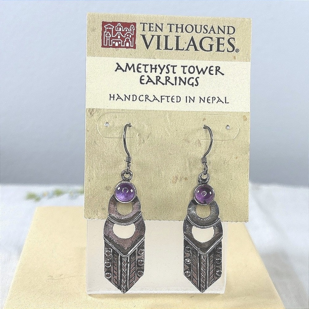 Ten Thousand Villages Amethyst Tower Earrings Sterling Silver